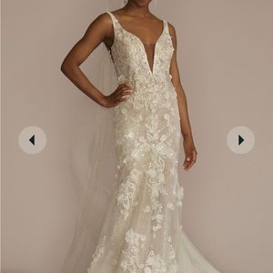 Galina signature beaded lace 3d floral plunge tulle wedding dress